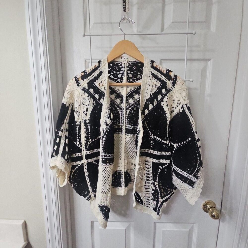 POL Crochet Cardigan Black And White Open Front Kimono Top
